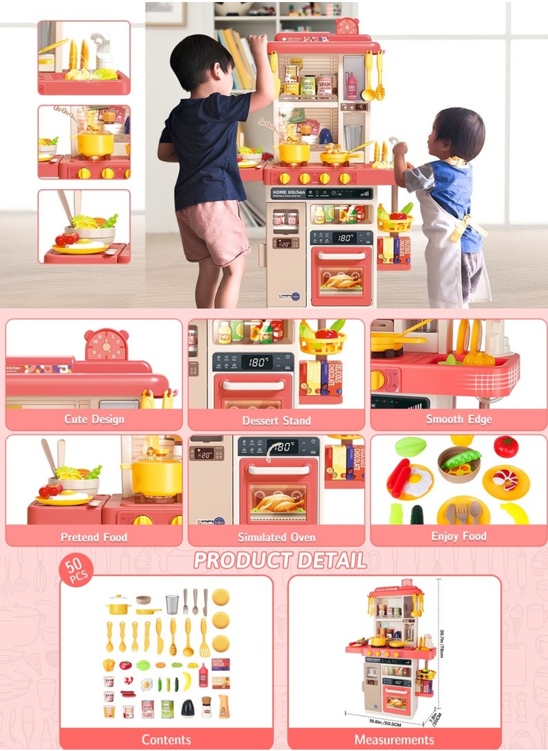 Generic - Kids Kitchen Play Set，Interactive Kids Kitchen Play Set with 50Pcs of Pretend Kitchen Toys，Realistic Sound Effects，and Simulated Functionality - Suitable for Toddlers Aged 3-12 Years(Pink) - Image 1