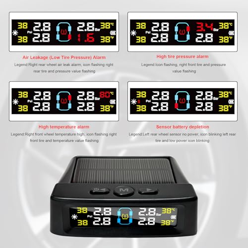 YTFRL Tire Pressure Monitoring System, Tire Monitoring System with Solar & USB Charger, 4 External Sensors, 6 Alarm Modes, Auto On/Off Real-time LCD Display Tyre Pressure Monitor - Image 4