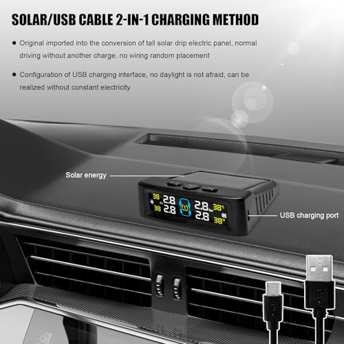 YTFRL Tire Pressure Monitoring System, Tire Monitoring System with Solar & USB Charger, 4 External Sensors, 6 Alarm Modes, Auto On/Off Real-time LCD Display Tyre Pressure Monitor - Image 3