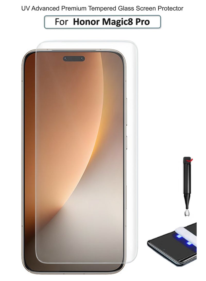 REWO Honor Magic8 Pro - UV Advanced Premium Tempered Glass Screen Protector Guard , Full Adhesive UV Curved Case Friendly HD Clarity With Installation Kit - Image 1