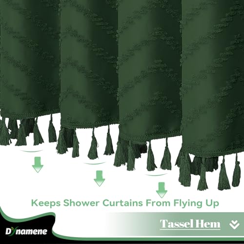 Dynamene Boho Farmhouse Shower Curtain, Dark Green Fabric Tufted Chevron Striped Textured Tassel BathroomShower Curtains, Water Repellent, Minimalist Ruffled Cloth Shower Curtain Set,12 Hook, 72x72 - Image 5