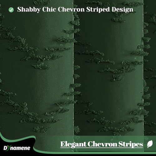 Dynamene Boho Farmhouse Shower Curtain, Dark Green Fabric Tufted Chevron Striped Textured Tassel BathroomShower Curtains, Water Repellent, Minimalist Ruffled Cloth Shower Curtain Set,12 Hook, 72x72 - Image 3