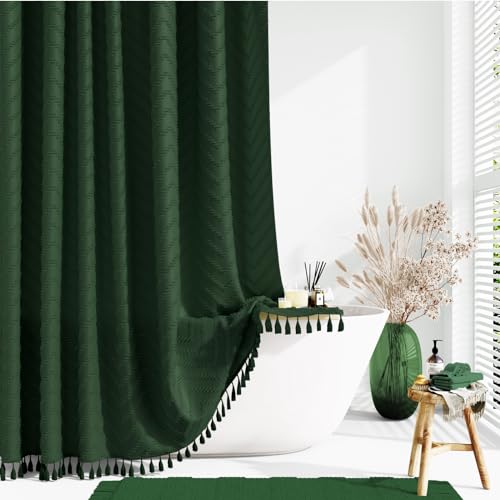 Dynamene Boho Farmhouse Shower Curtain, Dark Green Fabric Tufted Chevron Striped Textured Tassel BathroomShower Curtains, Water Repellent, Minimalist Ruffled Cloth Shower Curtain Set,12 Hook, 72x72 - Image 1