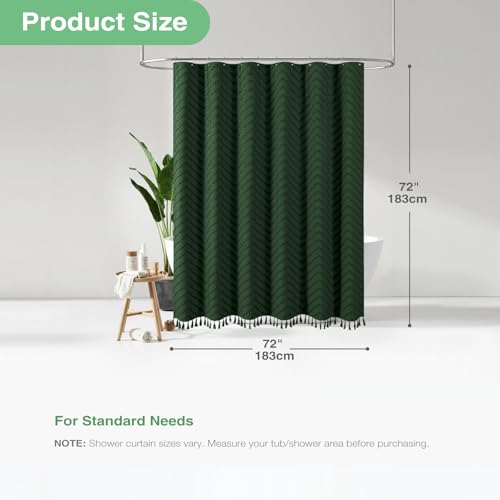 Dynamene Boho Farmhouse Shower Curtain, Dark Green Fabric Tufted Chevron Striped Textured Tassel BathroomShower Curtains, Water Repellent, Minimalist Ruffled Cloth Shower Curtain Set,12 Hook, 72x72 - Image 4