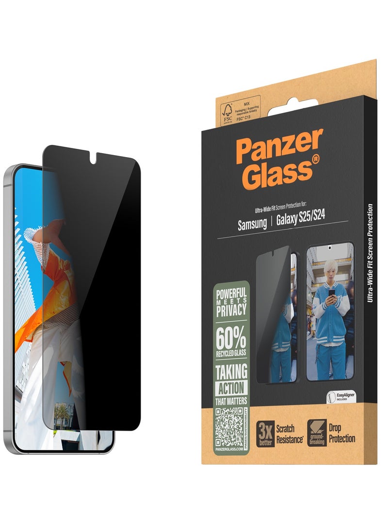 PanzerGlass حماية شاشة بانزر جلاس للخصوصية لجهاز سامسونج جالاكسي S25 زجاج مقسى، متوافق مع بصمة الإصبع، زجاج معاد تدويره بنسبة 60%، مناسب للحافظة، مقاوم للخدوش، بدون غبار، بدون فقاعات - Image 1