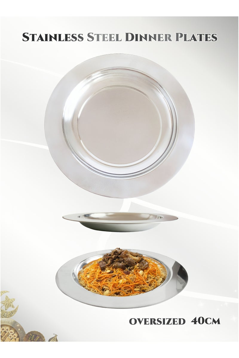 صينية تقديم دائرية كبيرة جدا من الفولاذ المقاوم للصدأ، أطباق عشاء، أطباق مشاركة، أطباق أرضية، خالية من الصدأ، آمنة لغسالة الصحون، طبق أطباق عميقة لتناول الطعام العائلي، بوفيه والتخييم في الهواء الطلق، صينية رمضان (40 سم/3-5 حصص) - Image 1