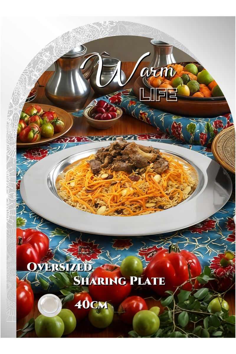 صينية تقديم دائرية كبيرة جدا من الفولاذ المقاوم للصدأ، أطباق عشاء، أطباق مشاركة، أطباق أرضية، خالية من الصدأ، آمنة لغسالة الصحون، طبق أطباق عميقة لتناول الطعام العائلي، بوفيه والتخييم في الهواء الطلق، صينية رمضان (40 سم/3-5 حصص) - Image 2