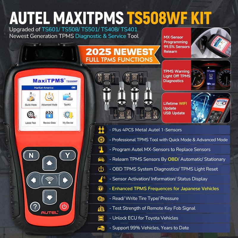 Autel Autel MaxiTPMS TS508WF KIT, 2024 TS508WF with 4 MX-Sensors 2-in-1 Metal [Value 120€], TPMS Upgrand TS508 TS408 TS501 TS601, Activate Relearn Sensors, Program MX-Sensors  - Image 2