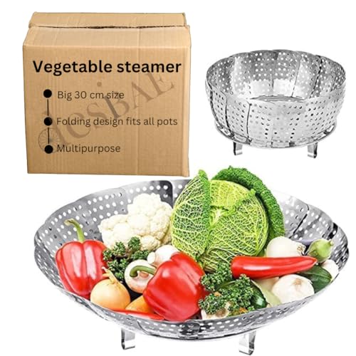 Desi BAE Stainless steel Big 30cm Folding Vegetable Steamer Basket Collapsible Steamer basket for vegetable Cooking, fish and baby food steamer, Big and Expandable Fit Various Size Pot (5' to 12') - Image 1