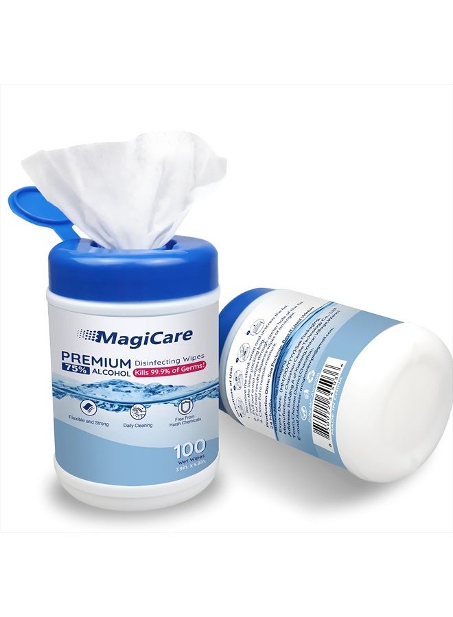 MagiCare 75% Alcohol Hand Sanitizing Wipes (2 Canisters) - Unscented, Disposable Large Alcohol Wipes - Home, Travel, Classroom, Camping - 2, 100ct Canisters (200pcs) - Image 1