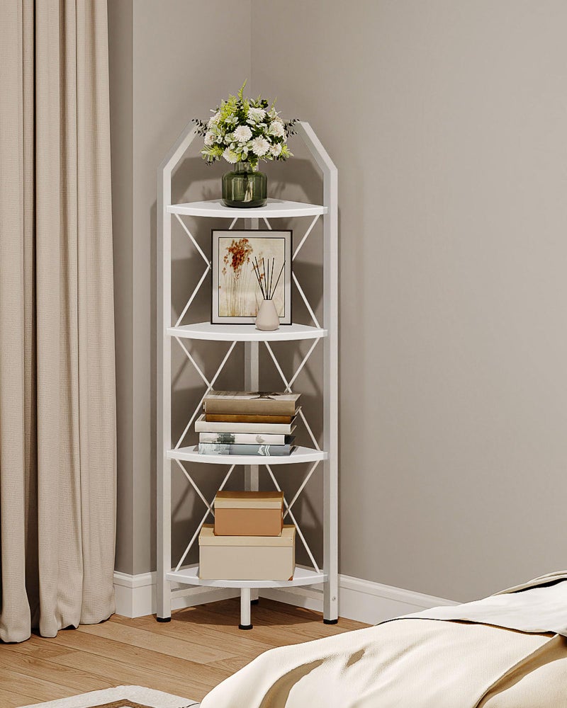 CHOEZON 4-Tier Corner Shelf, Industrial Corner Bookshelf, 47.6" Corner Storage Stand, Plant Stand Display Shelf, Corner Bookcase for Bedroom, Living Room, Home Office, White TCJ09WB - Image 1