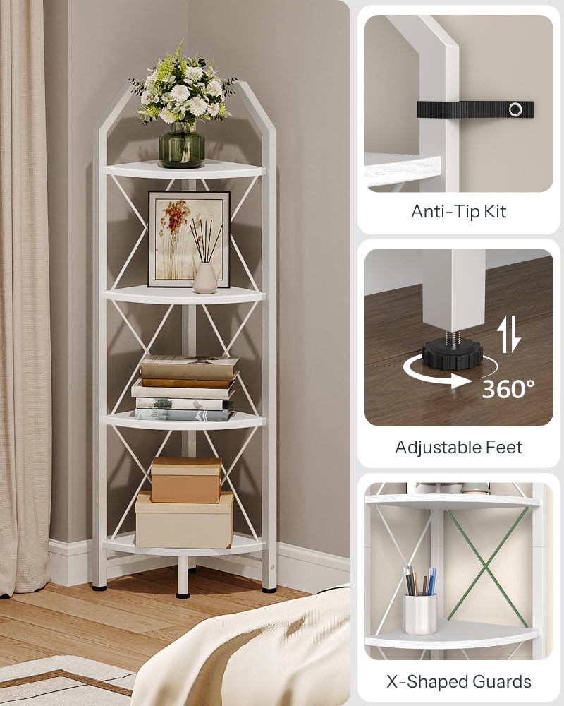 CHOEZON 4-Tier Corner Shelf, Industrial Corner Bookshelf, 47.6" Corner Storage Stand, Plant Stand Display Shelf, Corner Bookcase for Bedroom, Living Room, Home Office, White TCJ09WB - Image 3