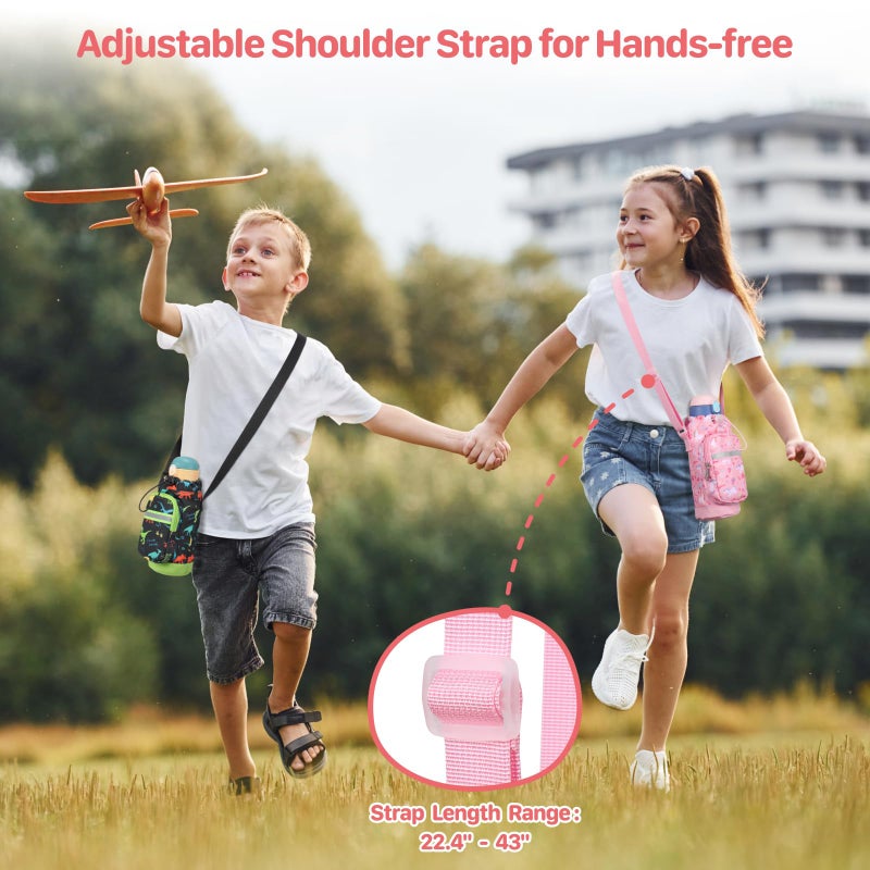 BrainyBees Water Bottle Holder for Kids - Water Bottle Carrier with Zipper Pocket & Strap, Crossbody Sling Bag Fits 10-18 oz, Protective Sleeve for School Hiking, Pink Unicorn - Image 3
