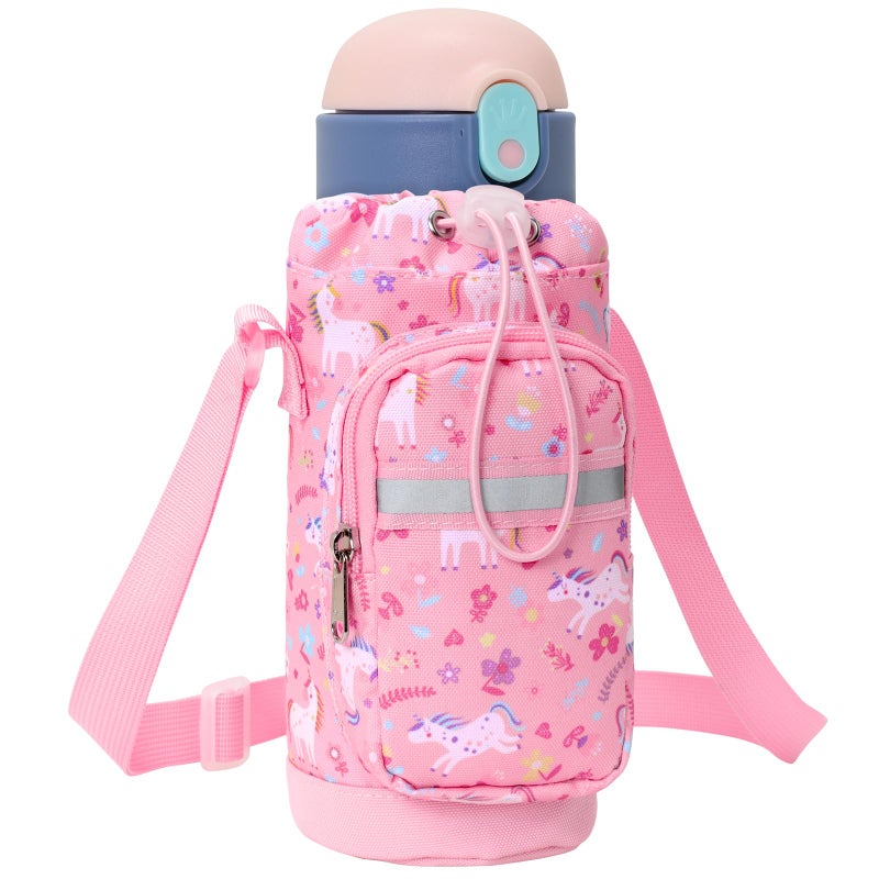 BrainyBees Water Bottle Holder for Kids - Water Bottle Carrier with Zipper Pocket & Strap, Crossbody Sling Bag Fits 10-18 oz, Protective Sleeve for School Hiking, Pink Unicorn - Image 1