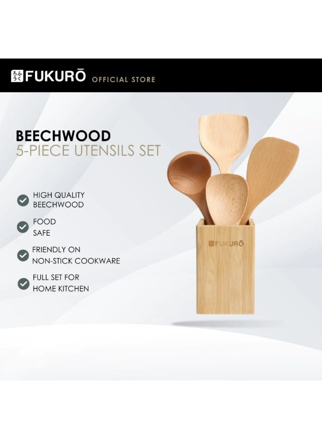Fukuro Beech Wood Utensils Set (5pcs) - Rice Scoop + Turner + Soup Ladle + Spatula + Utensil Holder - Image 1