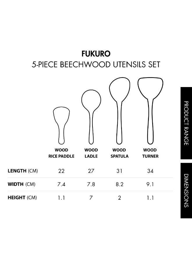 Fukuro Beech Wood Utensils Set (5pcs) - Rice Scoop + Turner + Soup Ladle + Spatula + Utensil Holder - Image 4