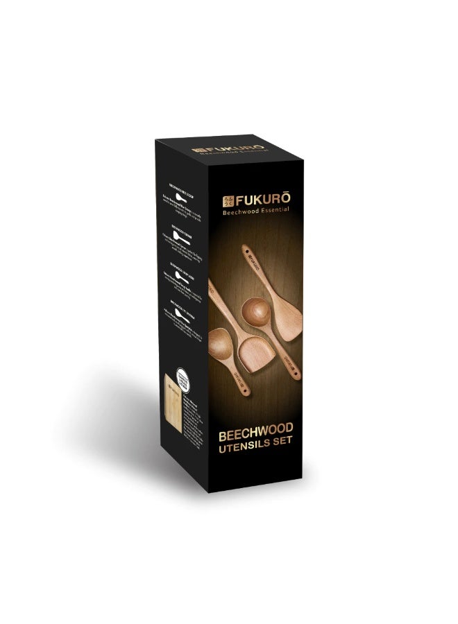 Fukuro Beech Wood Utensils Set (5pcs) - Rice Scoop + Turner + Soup Ladle + Spatula + Utensil Holder - Image 2