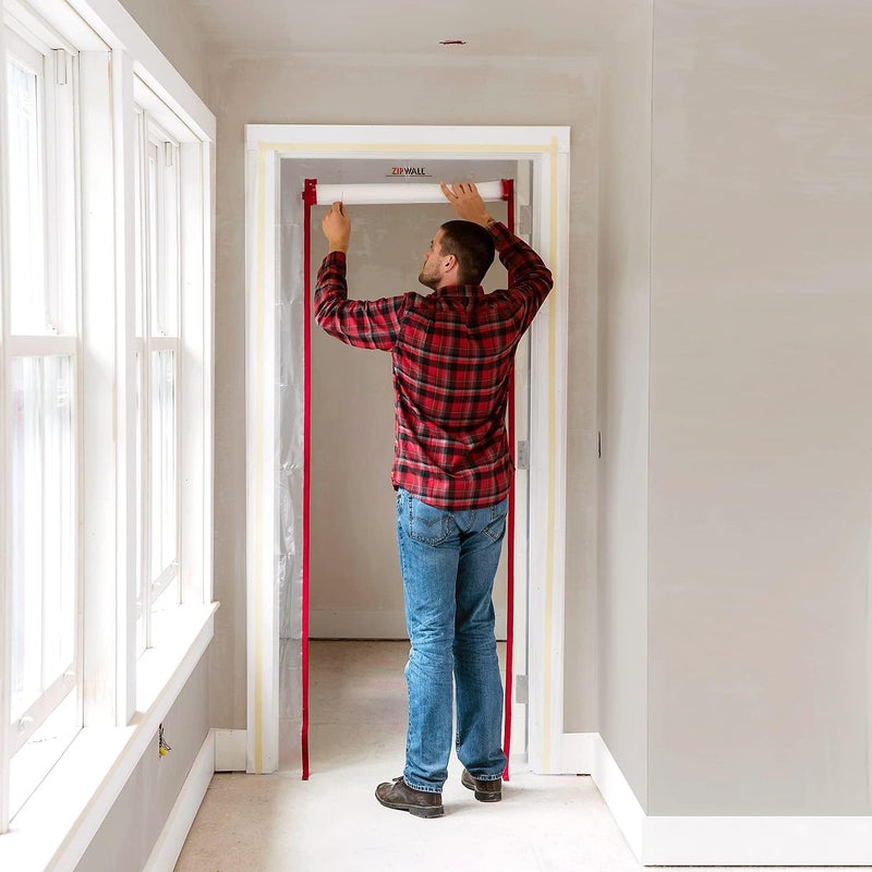 ZIPWALL مجموعة باب سحاب زيب وول زيب دور ZDS القياسية لحاجز الغبار - غطاء بلاستيكي 4x7.5 قدم مع سحابات ثقيلة، أحمر - Image 2