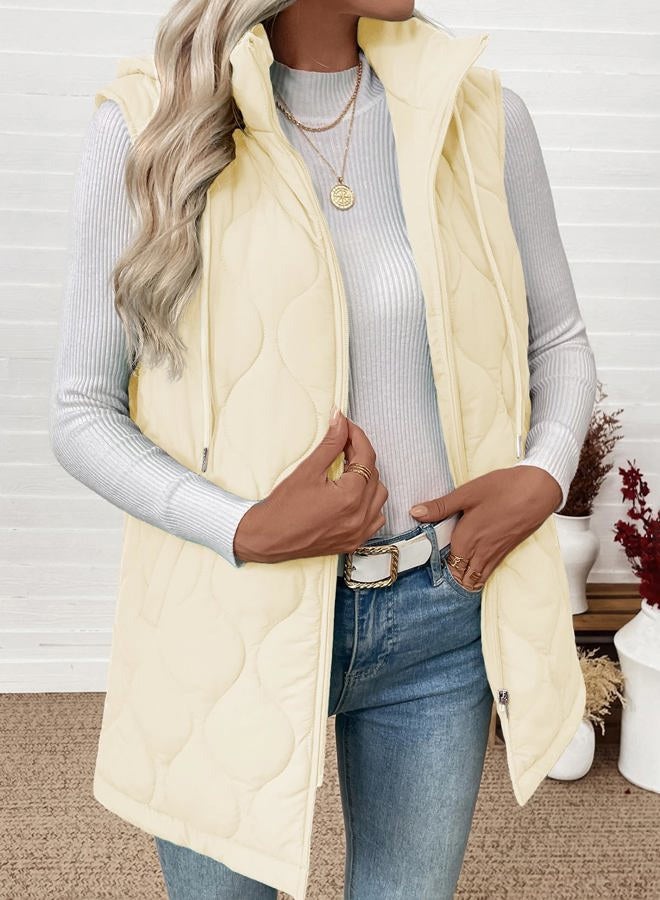 EVALESS Long Puffer Vest Women Sleeveless Hooded Puffer Jacket Lightweight Quilted Jackets Winter Warm Zip Up Coat Outerwear, White, XXL - Image 4