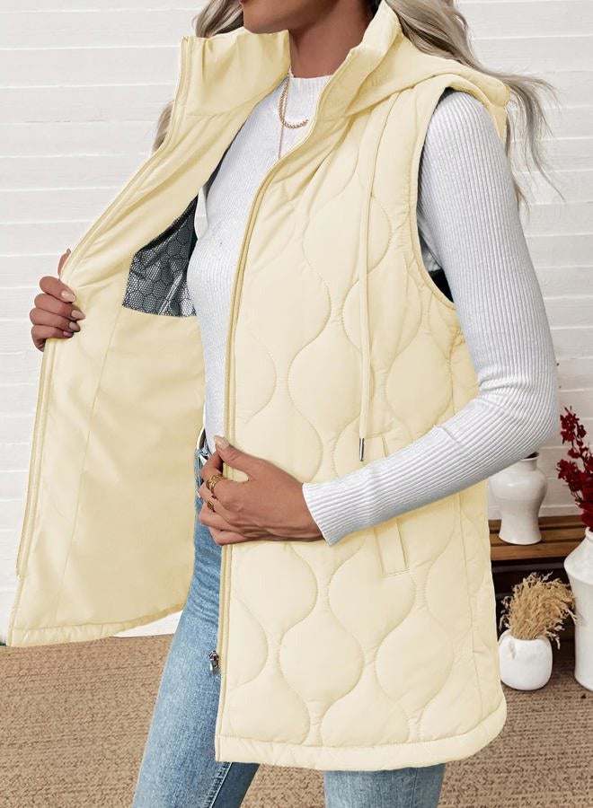 EVALESS Long Puffer Vest Women Sleeveless Hooded Puffer Jacket Lightweight Quilted Jackets Winter Warm Zip Up Coat Outerwear, White, XXL - Image 5