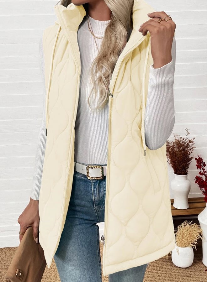 EVALESS Long Puffer Vest Women Sleeveless Hooded Puffer Jacket Lightweight Quilted Jackets Winter Warm Zip Up Coat Outerwear, White, XXL - Image 2