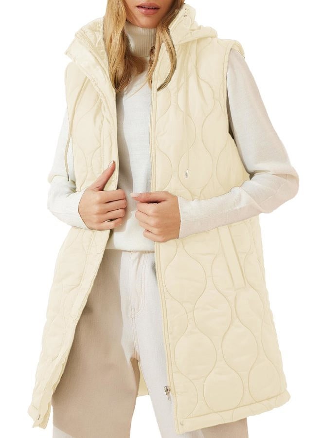 EVALESS Long Puffer Vest Women Sleeveless Hooded Puffer Jacket Lightweight Quilted Jackets Winter Warm Zip Up Coat Outerwear, White, XXL - Image 1
