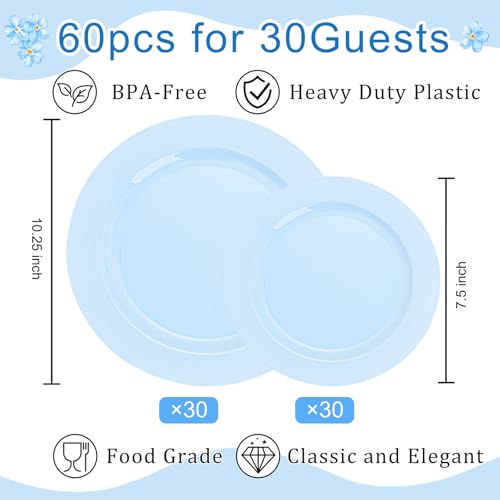 FLOWERCAT 60PCS Light Blue Heavy Duty Plastic Disposable Party Plates Set – 30pcs 10.25″ Dinner & 30pcs 7.5″ Dessert Plates – Durable Blue Tableware for Easter Parties, Wedding, BBQ & Baby Shower - Image 2
