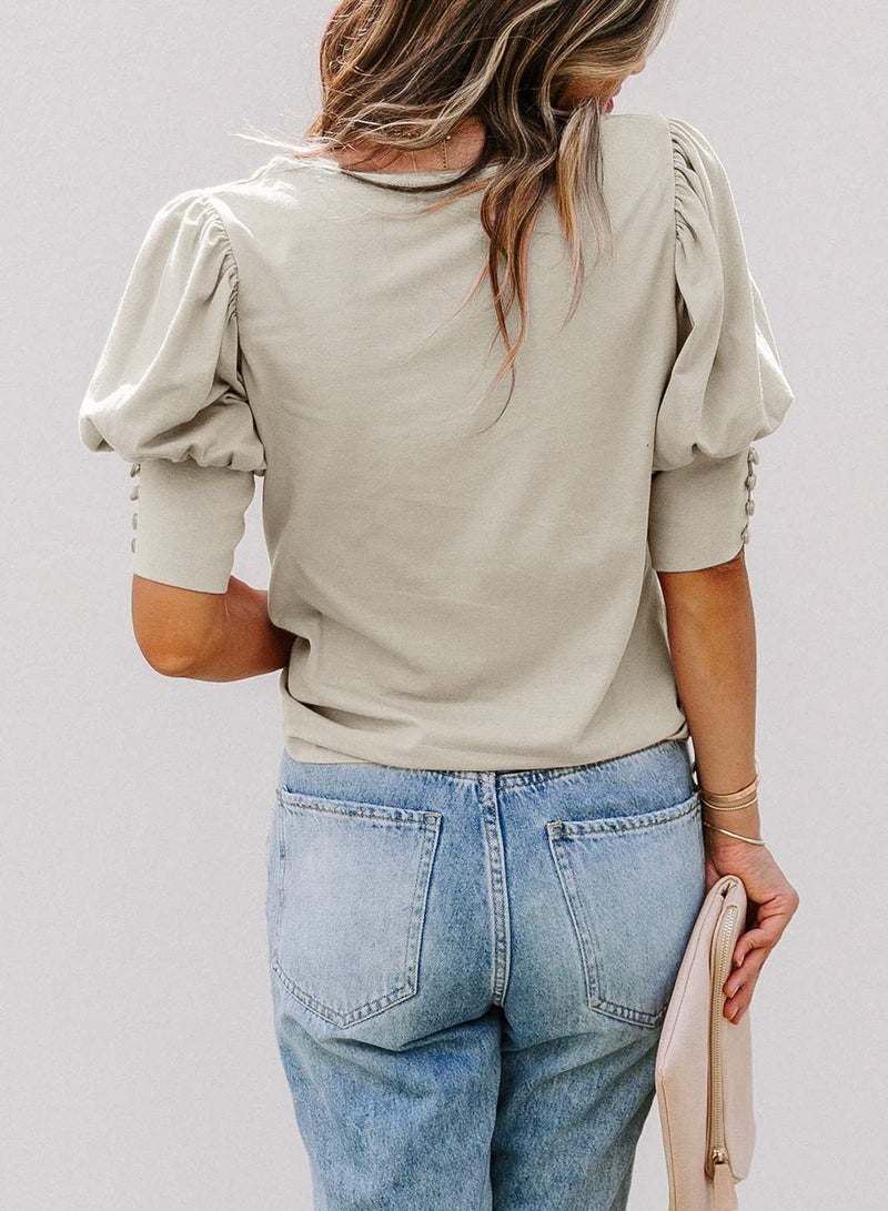 SimpleFun Womens Short Sleeve Tops Dressy Casual Puff Sleeve Tshirts Shirt Summer (New-Beige,XL) - Image 3