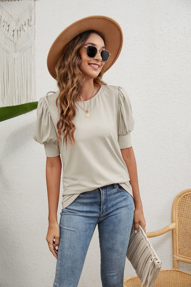 SimpleFun Womens Short Sleeve Tops Dressy Casual Puff Sleeve Tshirts Shirt Summer (New-Beige,XL) - Image 4