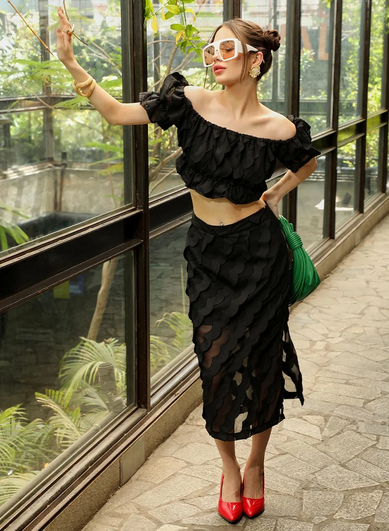 PINACOLADA Women's Midnight Black Sheer Self-Design Co-Ord Set With Slit