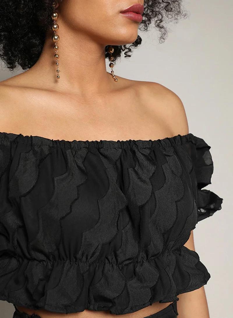 PINACOLADA Women's Midnight Black Sheer Self-Design Co-Ord Set With Slit