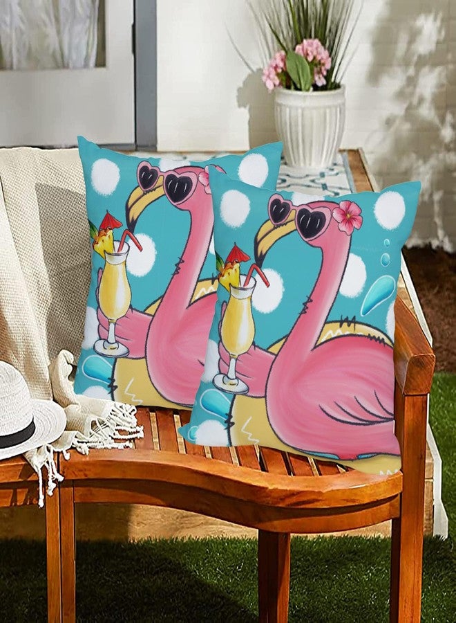 Fukeen 2 Pack Waterproof Summer Flamingo Throw Pillow Covers 18x18 Inch Tropical Flower Beach Pink Birds Pillow Cases Blue Ocean Sea Farmhouse Outdoor Decoration Cushion Cover for Sofa Couch - Image 2