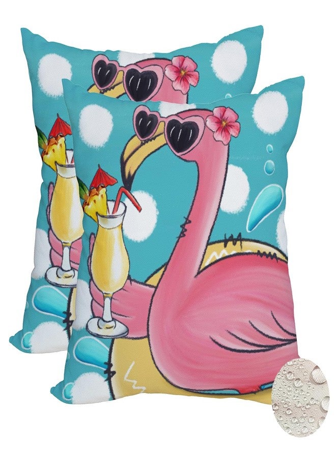 Fukeen 2 Pack Waterproof Summer Flamingo Throw Pillow Covers 18x18 Inch Tropical Flower Beach Pink Birds Pillow Cases Blue Ocean Sea Farmhouse Outdoor Decoration Cushion Cover for Sofa Couch - Image 1