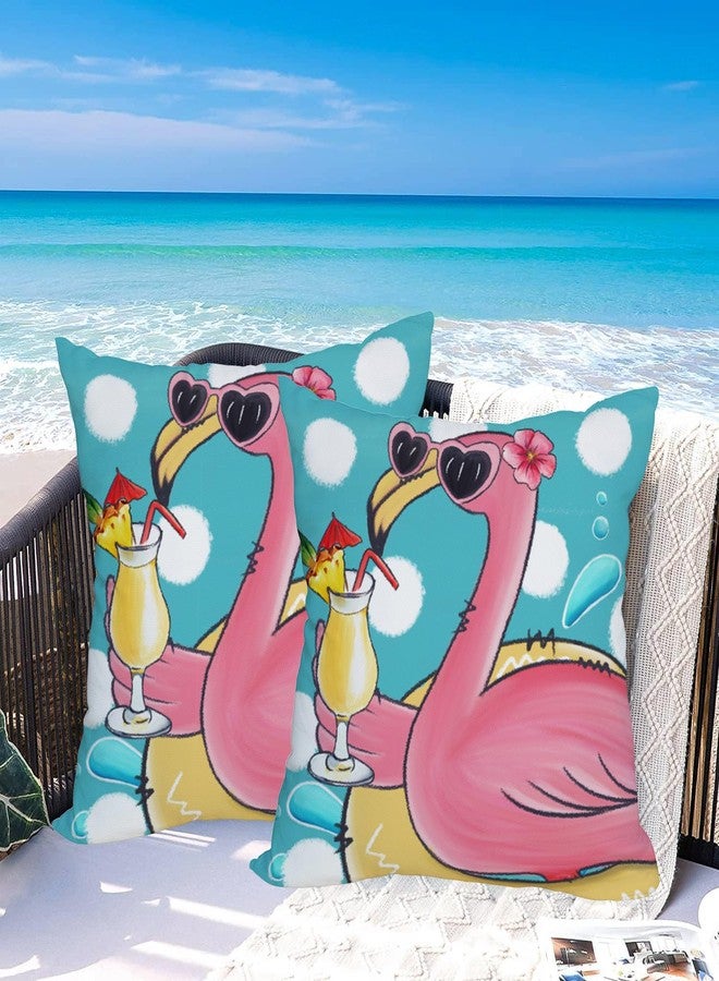Fukeen 2 Pack Waterproof Summer Flamingo Throw Pillow Covers 18x18 Inch Tropical Flower Beach Pink Birds Pillow Cases Blue Ocean Sea Farmhouse Outdoor Decoration Cushion Cover for Sofa Couch - Image 4