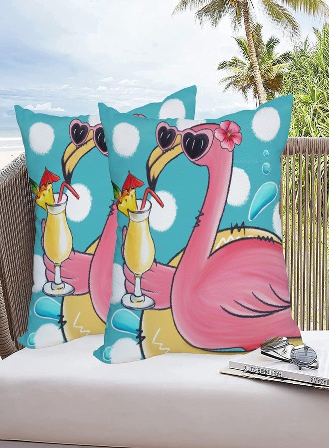 Fukeen 2 Pack Waterproof Summer Flamingo Throw Pillow Covers 18x18 Inch Tropical Flower Beach Pink Birds Pillow Cases Blue Ocean Sea Farmhouse Outdoor Decoration Cushion Cover for Sofa Couch - Image 3