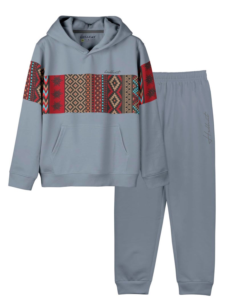 HELLCAT Trendy Printed Cotton Blend Hoodie T-Shirt Jogger Trackpant Clothing Set for Boys - Pack of 1 / Bluish Grey / 9-10 Years - Image 1