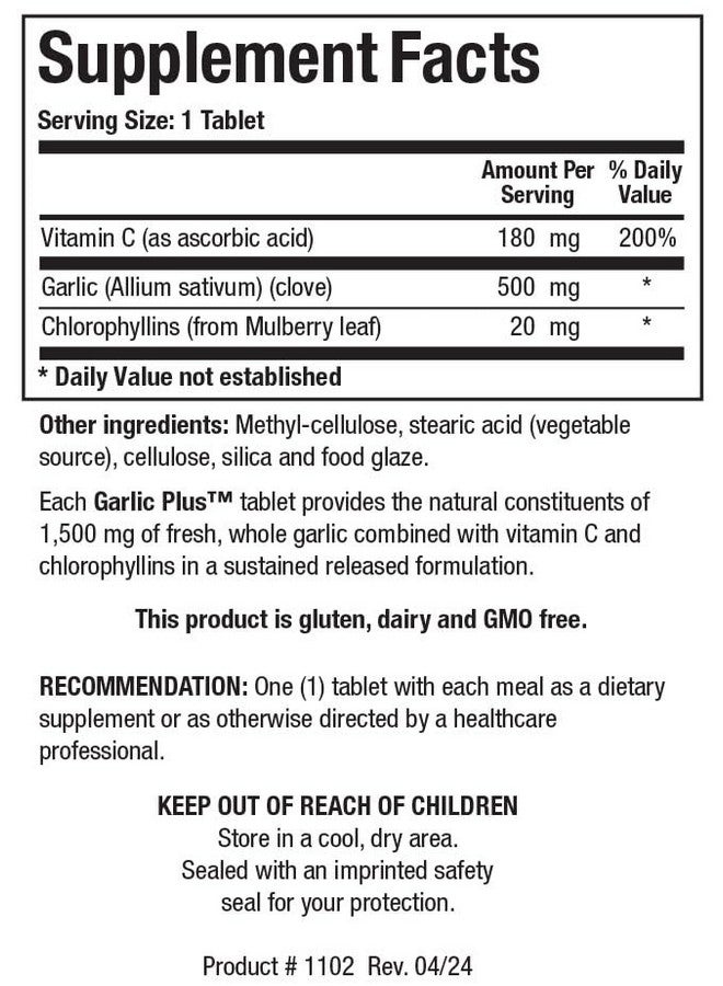 Biotics Research Biotics Research Garlic Plus Pure Garlic Concentrate Plus Vitamin C and Chlorophyllins, Supports Cardiovascular Health, Immune Function, Strong Antioxidant 100 Tablets - Image 2