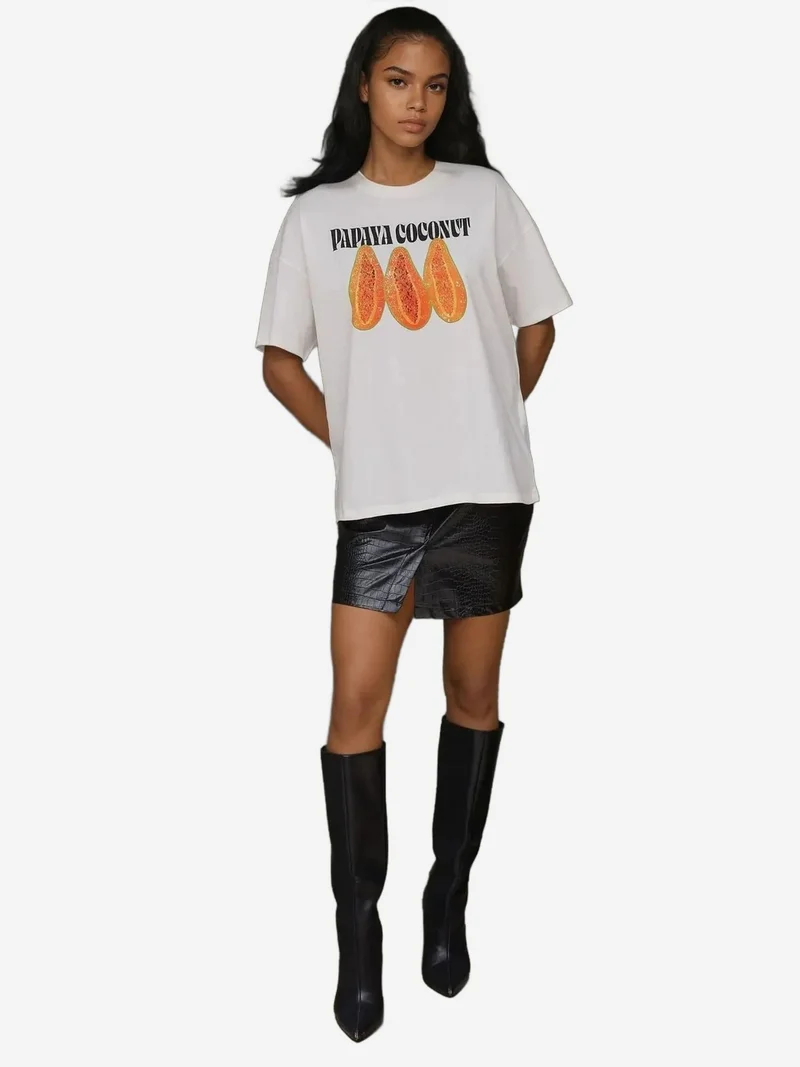 HICCUP %100 Cotton Oversized Printed Crew Neck Cotton T-Shirt