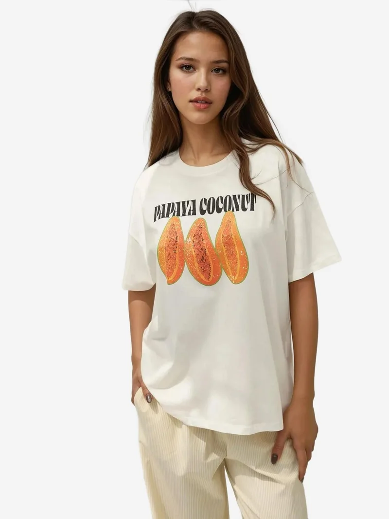 هيكاب تيشيرت قطني مطبوع بياقة دائرية كبير الحجم