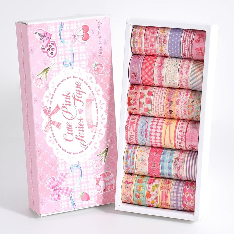 Icceemee 36 Rolls Sweet Pink Theme Washi Tape Set With Different Colorful Patterns  Writable Decorative Tapes For Scrapbooking  Junk Journal Supplies  Bullet Journaling  0.39'' X 79'' Per Roll - Image 1