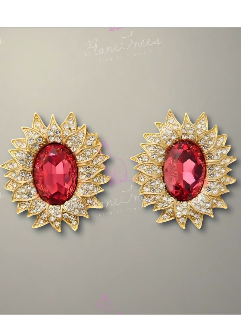 Plane Trees PLANE TREES Sunflower Stud Earrings – Red Oval Crystal Center with Sparkling Rhinestones – Elegant & Eye-Catching Design for Women - Image 1