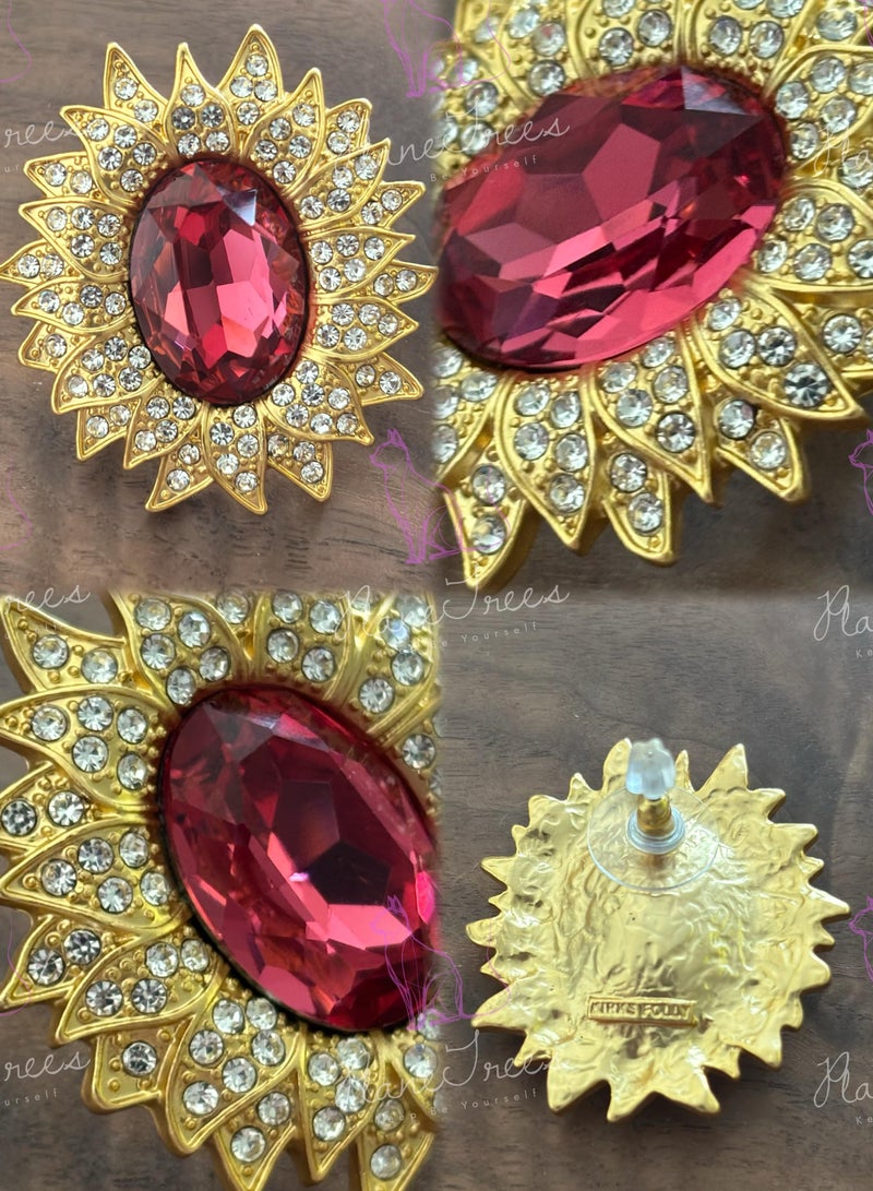Plane Trees PLANE TREES Sunflower Stud Earrings – Red Oval Crystal Center with Sparkling Rhinestones – Elegant & Eye-Catching Design for Women - Image 2