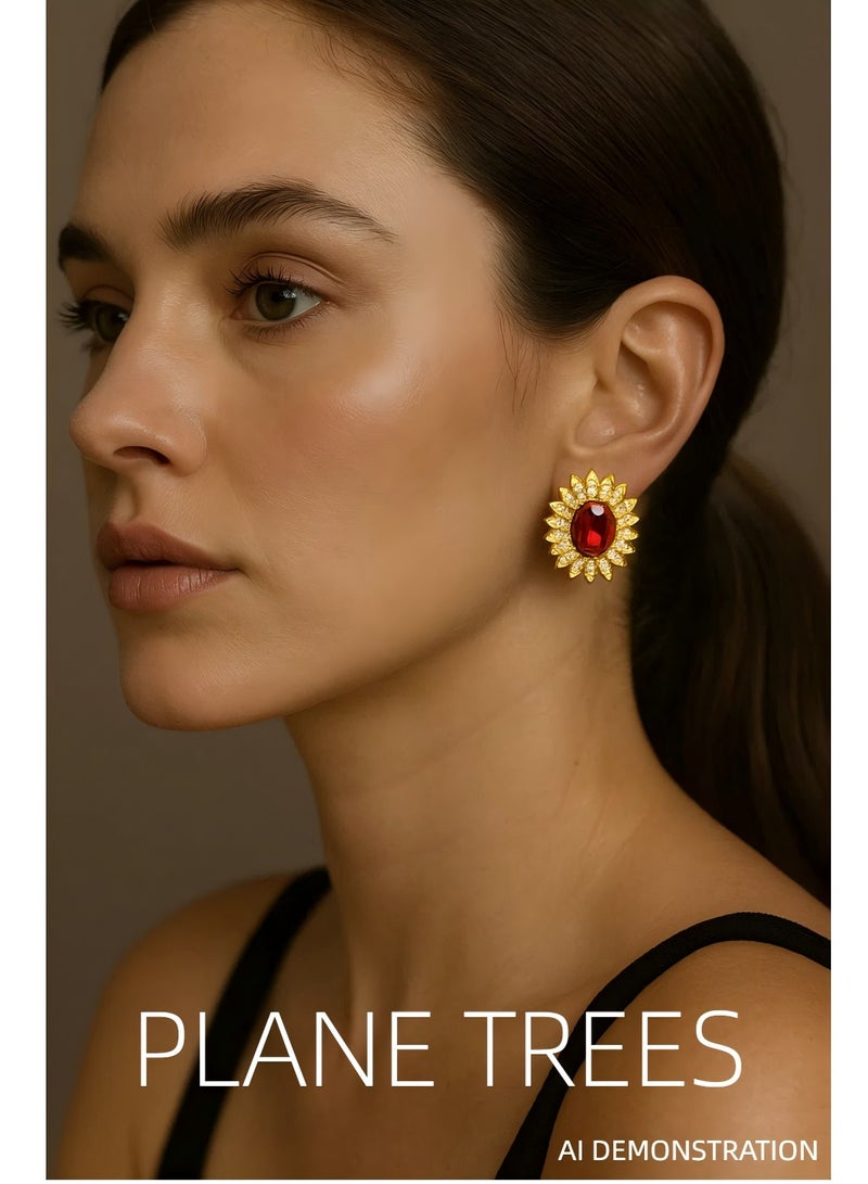 Plane Trees PLANE TREES Sunflower Stud Earrings – Red Oval Crystal Center with Sparkling Rhinestones – Elegant & Eye-Catching Design for Women - Image 3