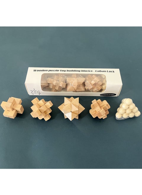Wooden Toy Building Blocks Luban Lock Kongming Lock Small Size Beech Wood Suit Kindergarten Primary School Students Disassembly Toys-color:Small 5-piece Set Type B