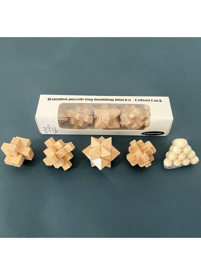 null - Wooden Toy Building Blocks Luban Lock Kongming Lock Small Size Beech Wood Suit Kindergarten Primary School Students Disassembly Toys-color:Small 5-piece Set Type B - Image 1