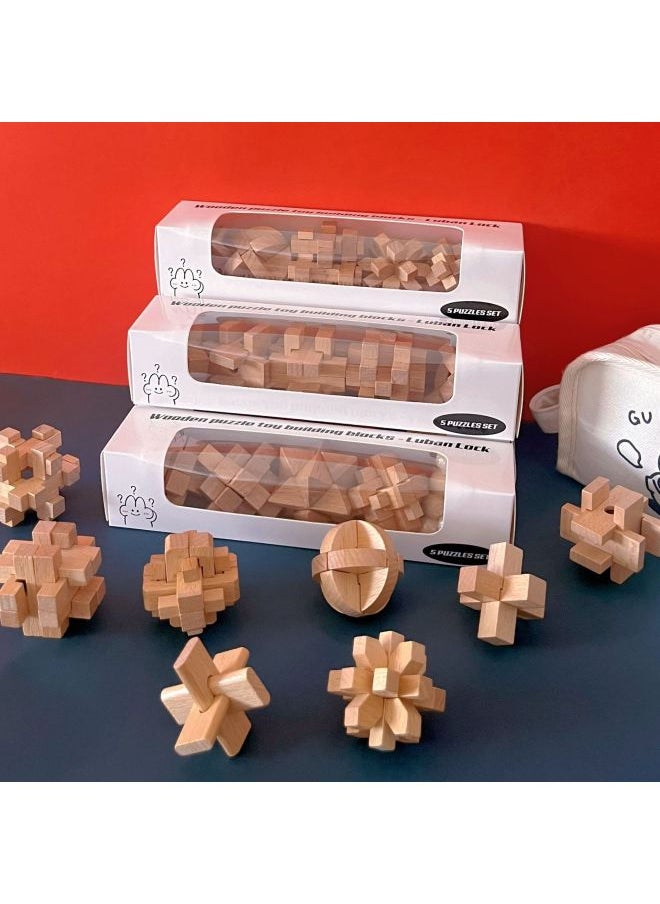 null - Wooden Toy Building Blocks Luban Lock Kongming Lock Small Size Beech Wood Suit Kindergarten Primary School Students Disassembly Toys-color:Small 5-piece Set Type B - Image 1