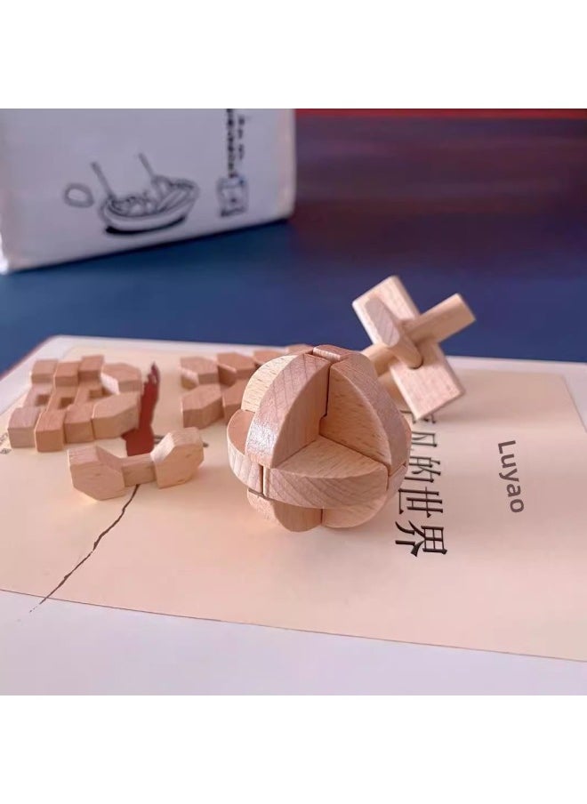 null - Wooden Toy Building Blocks Luban Lock Kongming Lock Small Size Beech Wood Suit Kindergarten Primary School Students Disassembly Toys-color:Small 5-piece Set Type B - Image 1