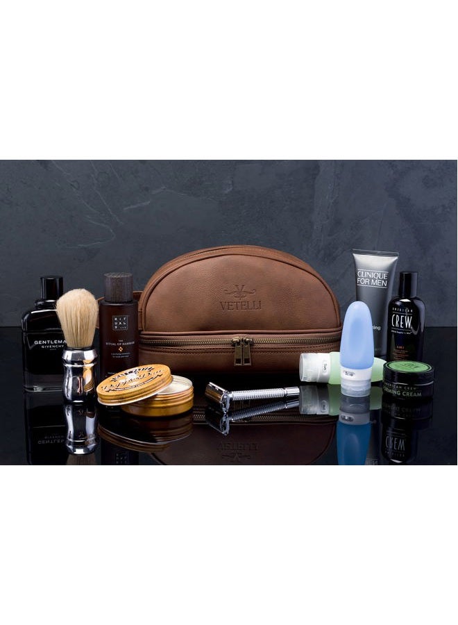 Vetelli Vetell Classic Leather Men's Travel Toiletry Bag and Dopp Kit with Upper and Lower Zippered Compartments, 2 Mesh Bottle Pouches and Carrying Handle - Image 5