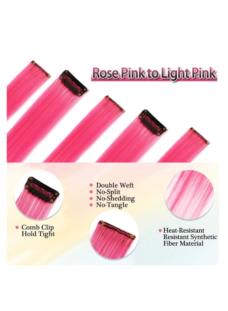 KASTWAVE Hair Extensions, 10Pcs Pink Ombre Straight Clip in Hair Extensions Party Highlights Synthetic Clip in Hairpieces for Women Kids Girls (Rose to Light Pink) - Image 2