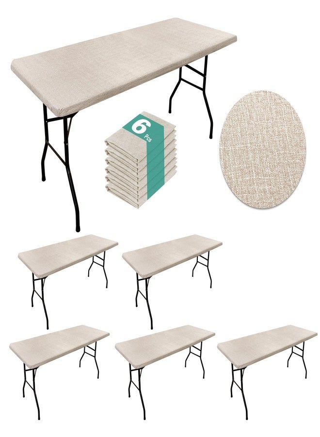 LUSHVIDA 6 Packs Vinyl Tablecloths with Flannel Backing for 8ft Rectangle Folding Table Cloths - Waterproof Plastic Picnic Table Covers with Elastic Corners, 30x96 inch, Natural Color - Image 1